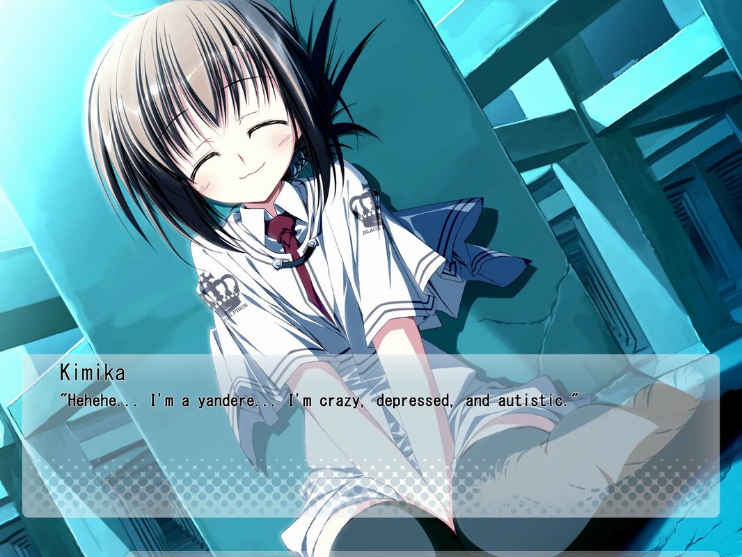 Screenshot from the game Wonderful Everyday Down the Rabbit-Hole. Kimika: "Hehehe... I'm a yandere... I'm crazy, depressed, and autistic."
