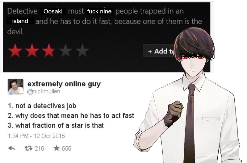 "Dectective Oosaku must fuck nine people trapped in an island and he has to do it fast, because one of them is the devil." "1. not a dectives job 2. why does that mean he has to act fast 3. what fraction of a star is that"